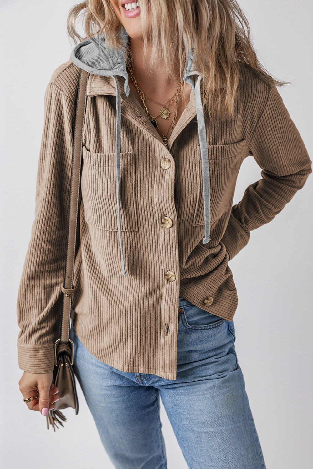 Drawstring Button Up Long Sleeve Hooded Jacket