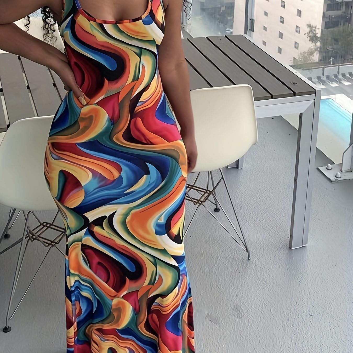 Abstract Ripple Print Dress, Sexy U Neck Sleeveless Bodycon Maxi Dress, Women's Clothing