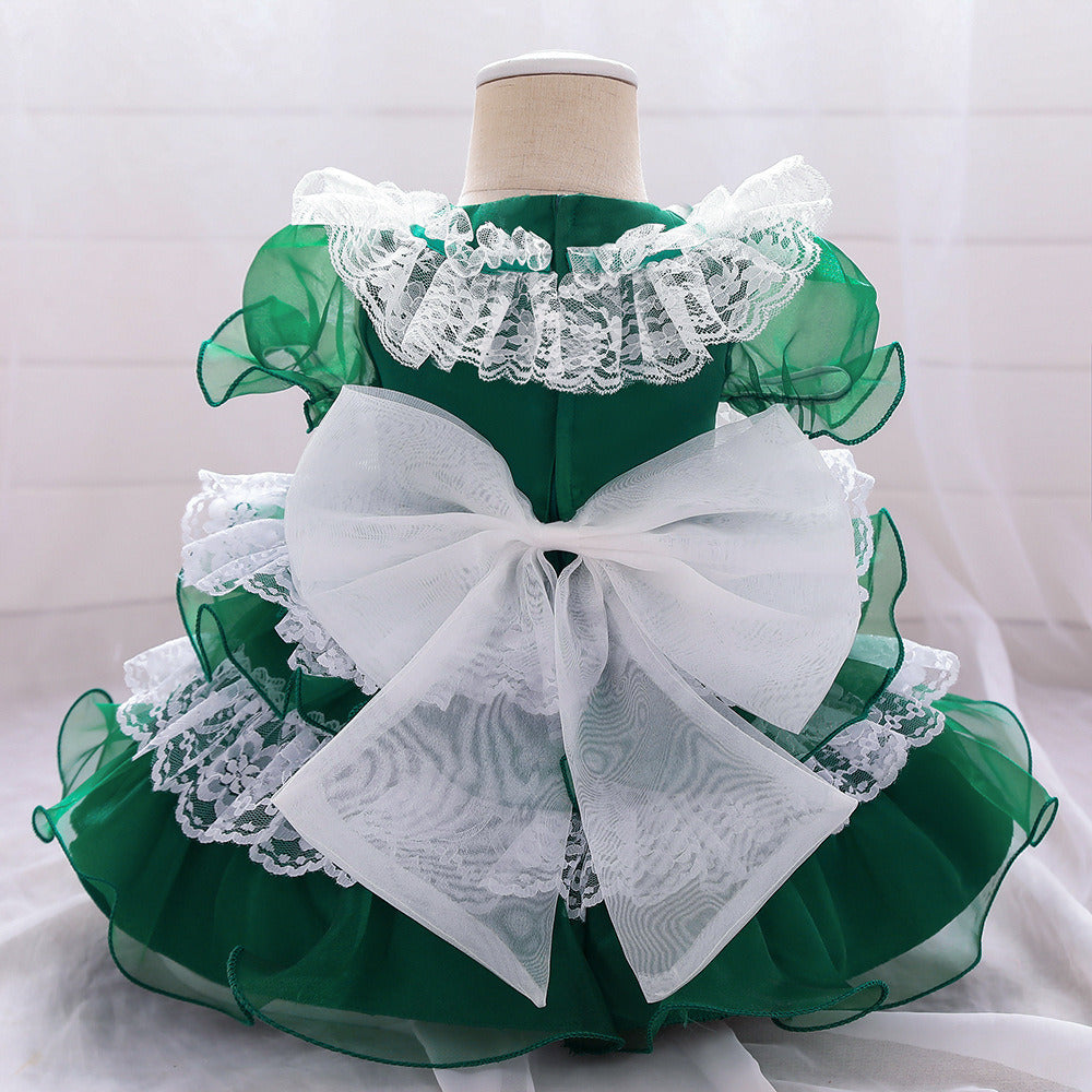 Girls Puffy Princess Dress Casual Lace Bowknot Mesh Tulle Chiffon Skirt Baby Full Moon Christening Summer Birthday Party Wedding