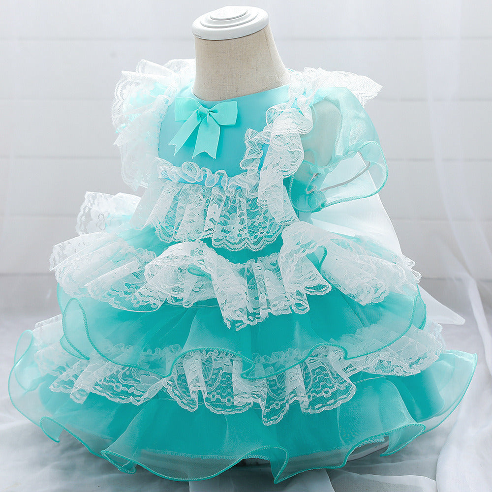 Girls Puffy Princess Dress Casual Lace Bowknot Mesh Tulle Chiffon Skirt Baby Full Moon Christening Summer Birthday Party Wedding