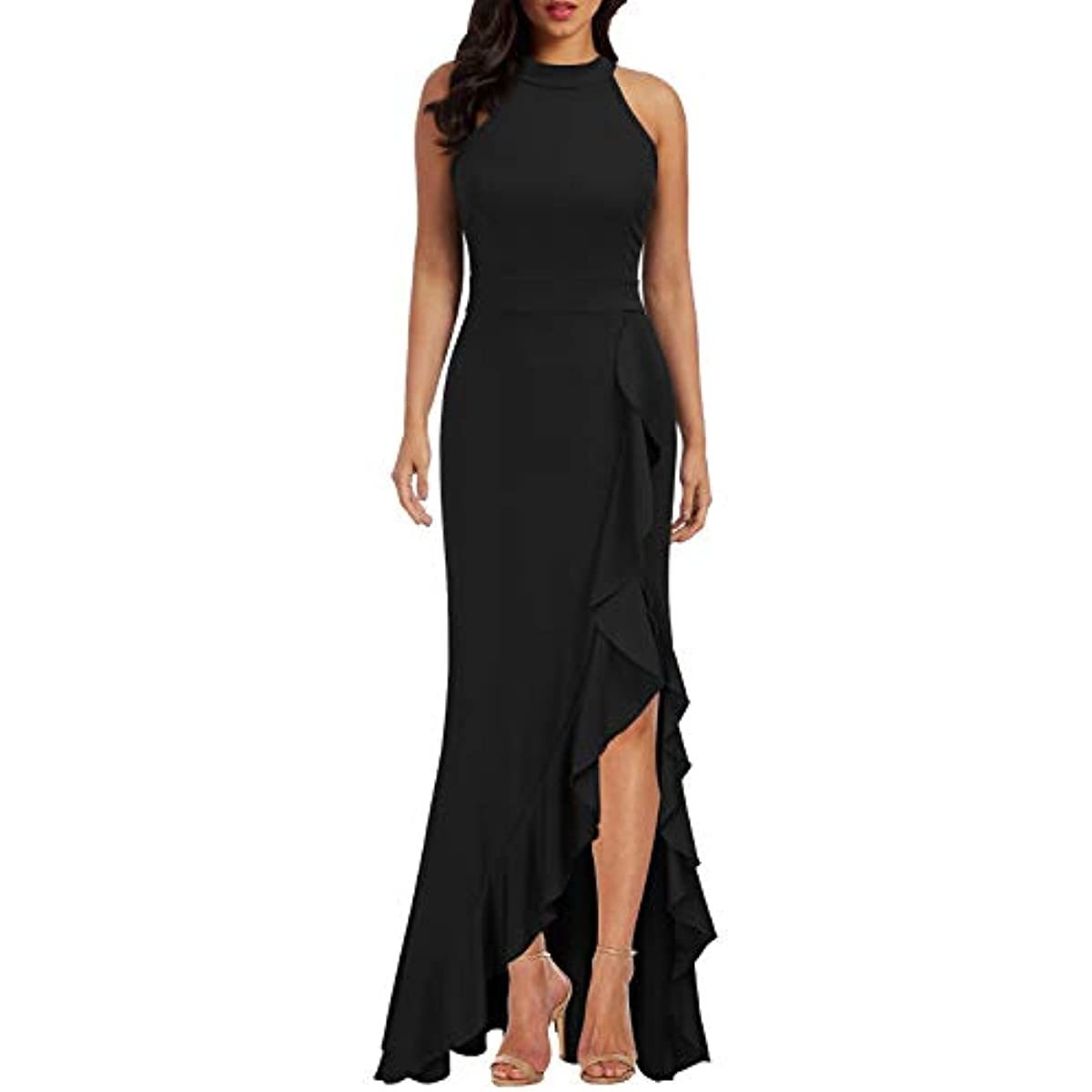 Women's High Neck Split Bodycon Mermaid Evening Cocktail Long Dress