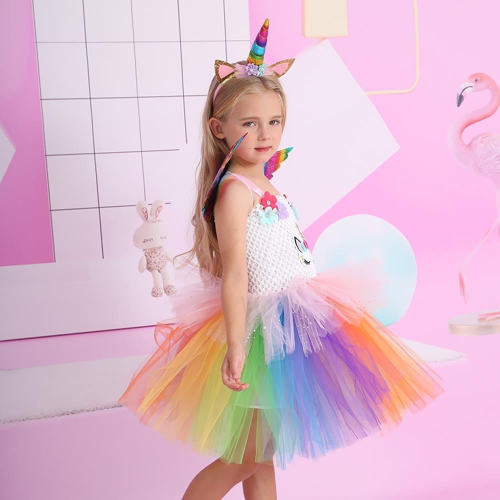 Unicorn Princess Flower Girl Tutu Dress Rainbow Costume with Headband