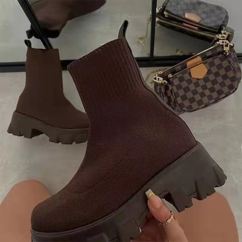 New Autumn and Winter Red Chunky Sole Platform Sock Boots Stretch Fabric Shoes Women Mid-Calf Thick Heel Chelsea Biker Booties