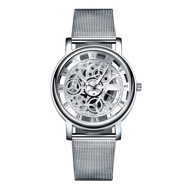 Mens Fashion Hollow Watches Men Business Watch Male Stainless Steel Mesh Belt Skeleton Quartz Wrist Watch relogio masculino