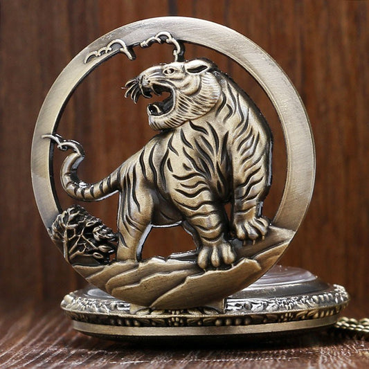 Bronze Tiger Hollow Quartz Pocket Watch Clock Necklace Pendant Womens Men GIfts Reloj De Bolsillo