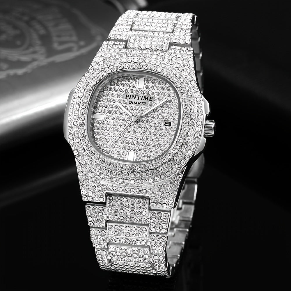 Luxury Mens/Womens Unisex Crystal Watch Bling Iced-Out Watch Oblong Silver/Golden Wristwatch Fashion Rhinestones Quartz Analog Watch With Stainless Steel Bracelet