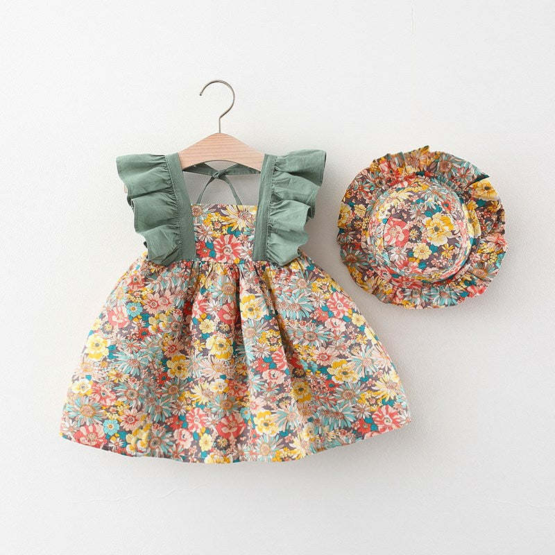 Baby Girl Flower Pattern Butterfly Sleeve Design Cute Dress With Hat