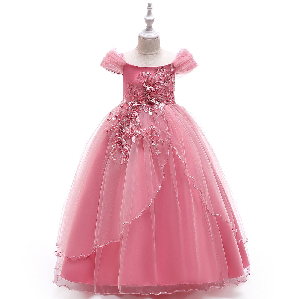 Children Beaded Princess Dress Tulle Chiffon Girls Catwalk Trumpet Sleeve Leaf Embroidered Puff Skirt Birthday Party Wedding New