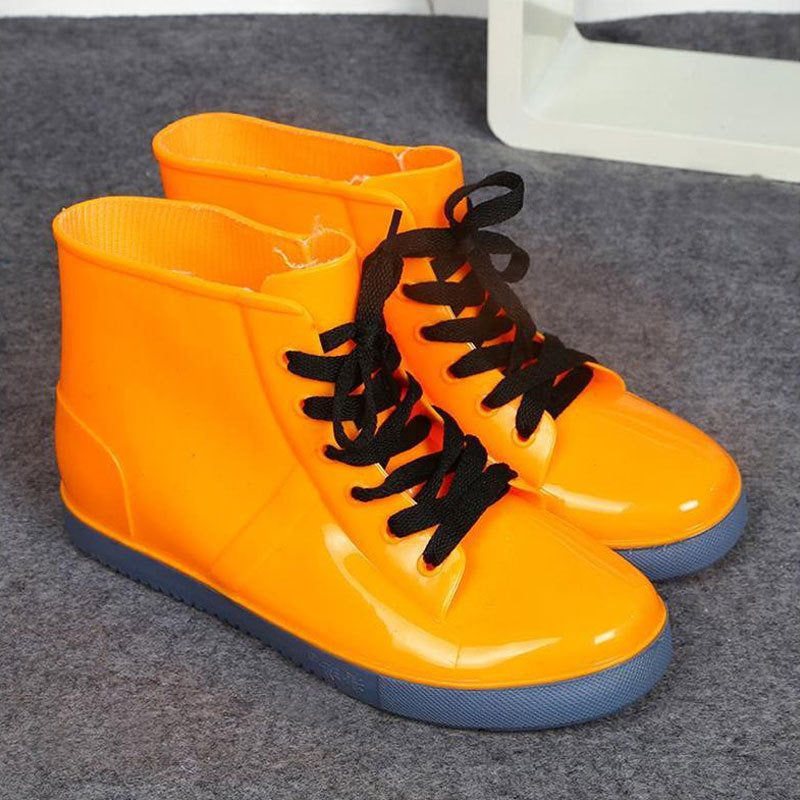 Ankle Rain Boots Removable Cover Platform Lace Up PU Waterproof Motorcycle Colorful Ankle Mature Boots Woman Shoes 2019