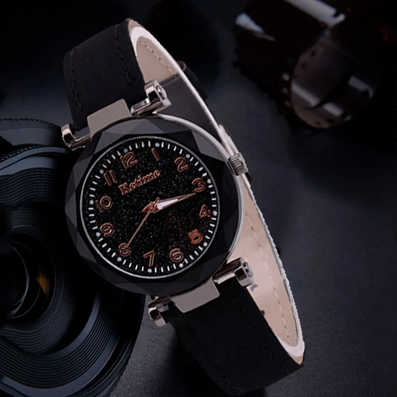 Black Starry Sky Bright Women's Watch Korean Quartz Watch Womens Watch Fashion Leather-Belt Watch relogio feminino