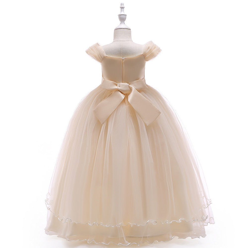 Children Beaded Princess Dress Tulle Chiffon Girls Catwalk Trumpet Sleeve Leaf Embroidered Puff Skirt Birthday Party Wedding New