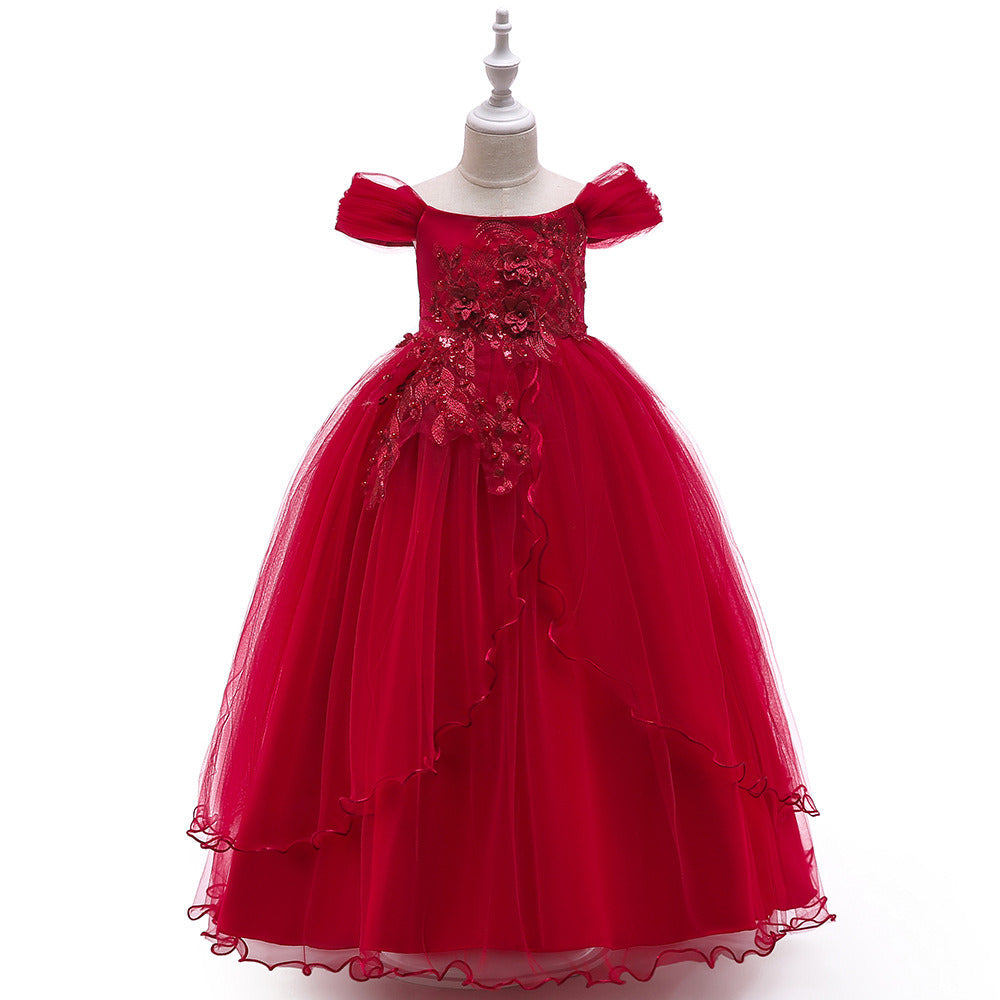 Children Beaded Princess Dress Tulle Chiffon Girls Catwalk Trumpet Sleeve Leaf Embroidered Puff Skirt Birthday Party Wedding New