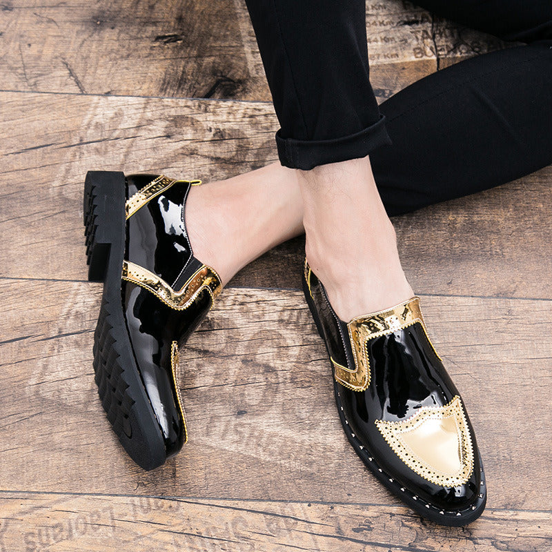 Spring Summer Autumn Low-top Leather Shoe Men Loafers Casual Formal Pointed Toe Flat Slip-on Youth Fashion Colorblock Black Gold