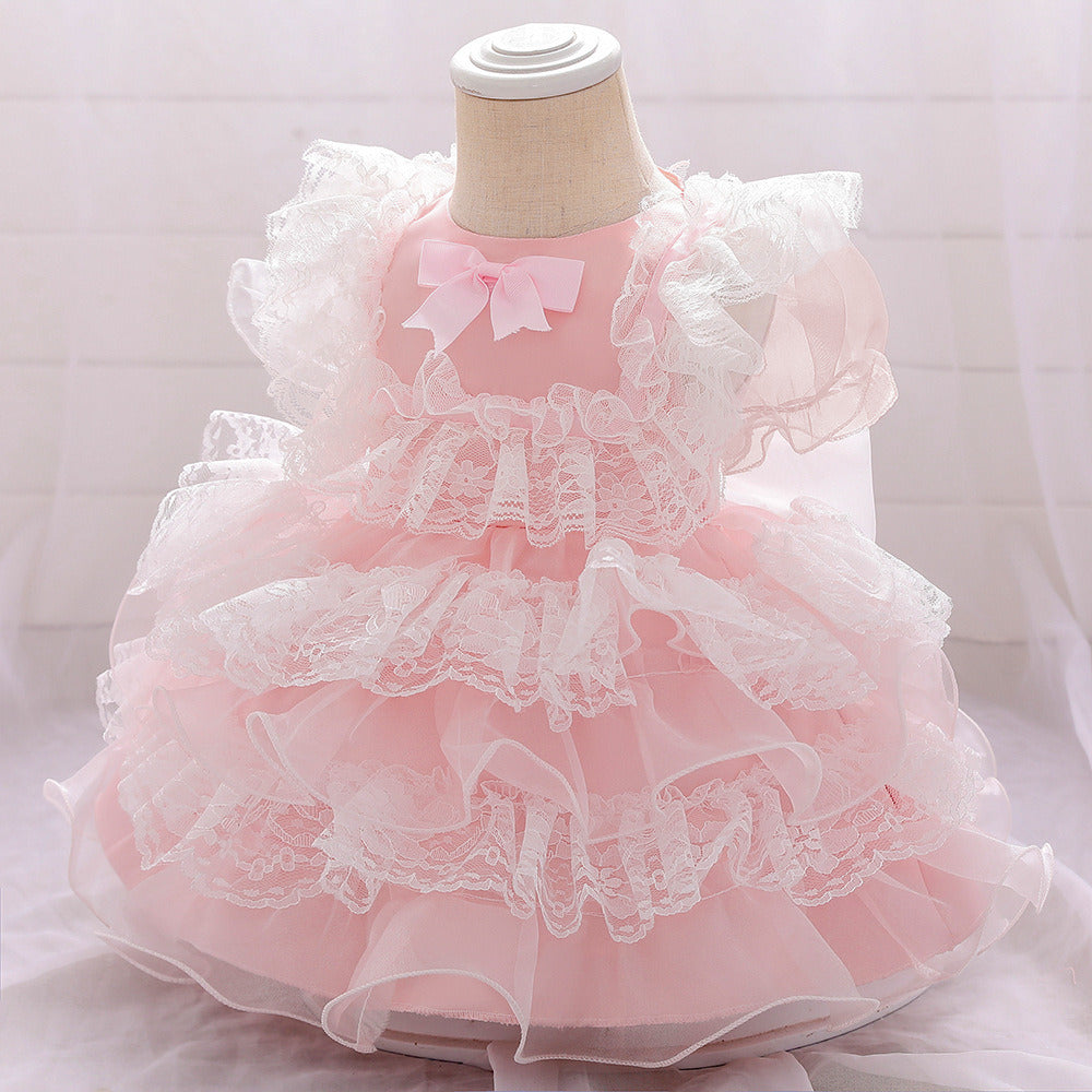 Girls Puffy Princess Dress Casual Lace Bowknot Mesh Tulle Chiffon Skirt Baby Full Moon Christening Summer Birthday Party Wedding