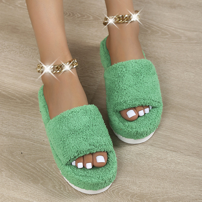 Fur platform slippers women 2022 trend korean winter warm Thick Bottom slippers women home house shoes Green Blue plus size 43