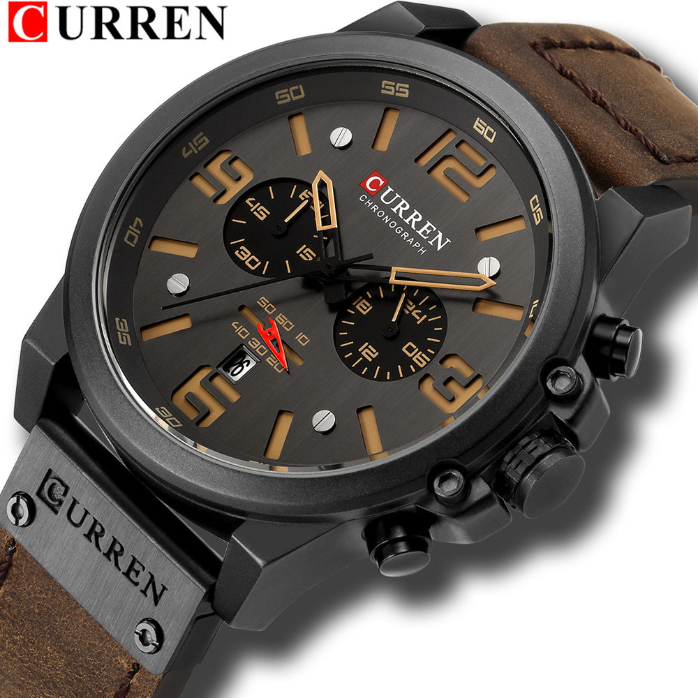 CURREN Mens Watches Top Luxury Brand Waterproof Sport Wrist Watch Chronograph Quartz Military Genuine Leather Wrist Watch