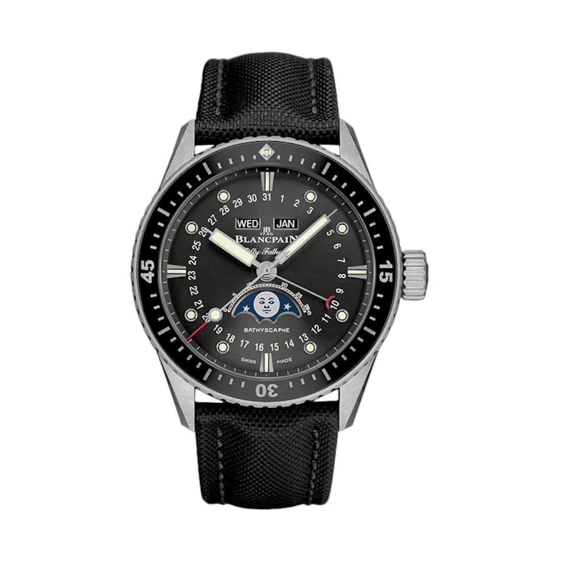 Blancpain Fifty Fathoms Bathyscaphe Moonphase Black Canvas Strap Mens Watch 5054-1110-B52A