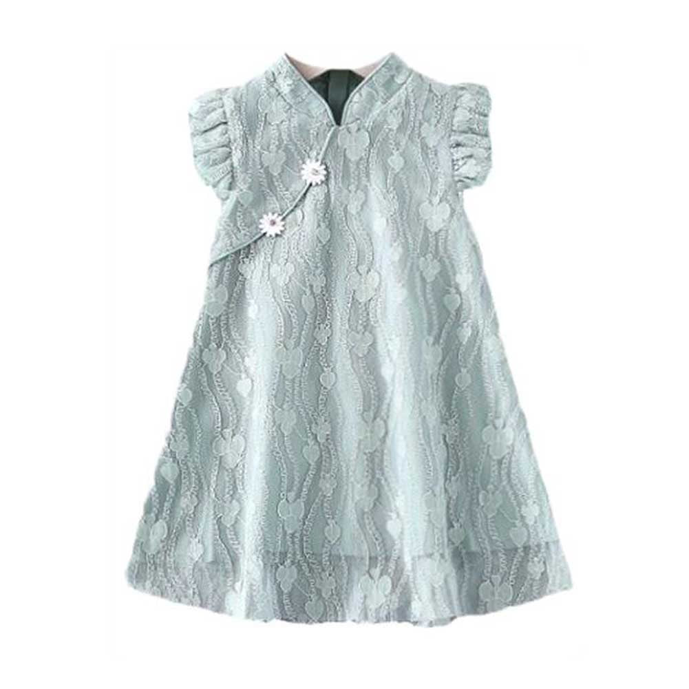 Green Summer Girls' Dress Ruffle Sleeve Chinese Style Cheongsam Dress Lace Princess Dress