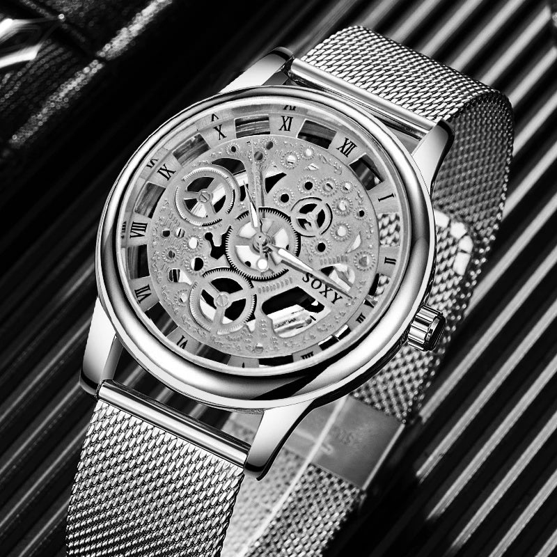 Mens Fashion Hollow Watches Men Business Watch Male Stainless Steel Mesh Belt Skeleton Quartz Wrist Watch relogio masculino