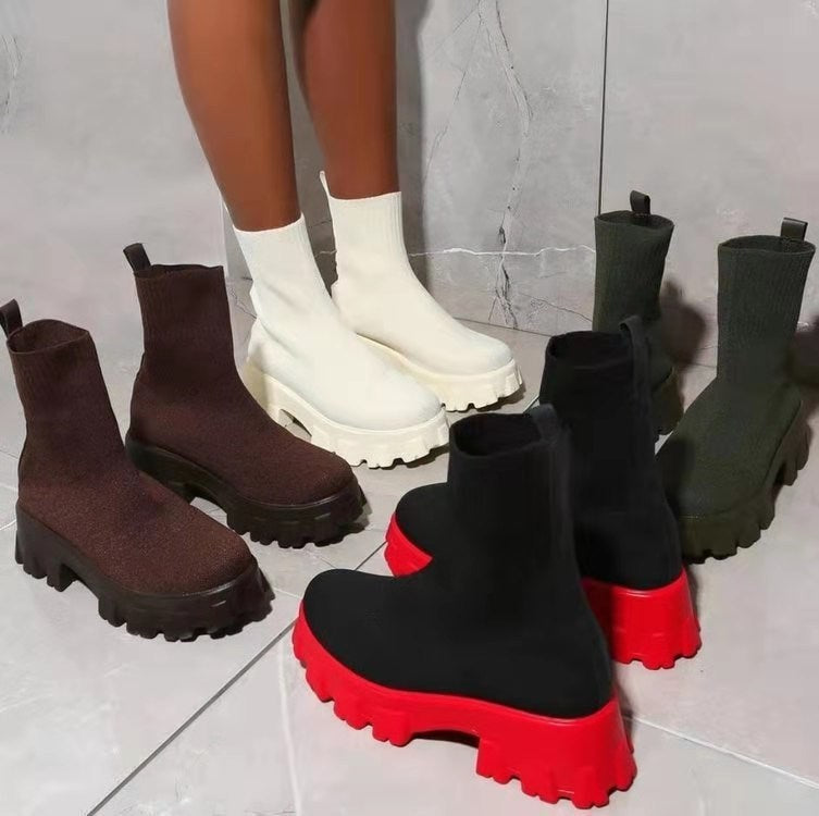 New Autumn and Winter Red Chunky Sole Platform Sock Boots Stretch Fabric Shoes Women Mid-Calf Thick Heel Chelsea Biker Booties