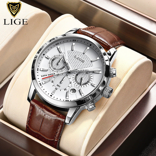 2022 New Mens Watches LIGE Top Brand Luxury Leather Casual Quartz Watch Men's Sport Waterproof Clock Watch Relogio Masculino+Box