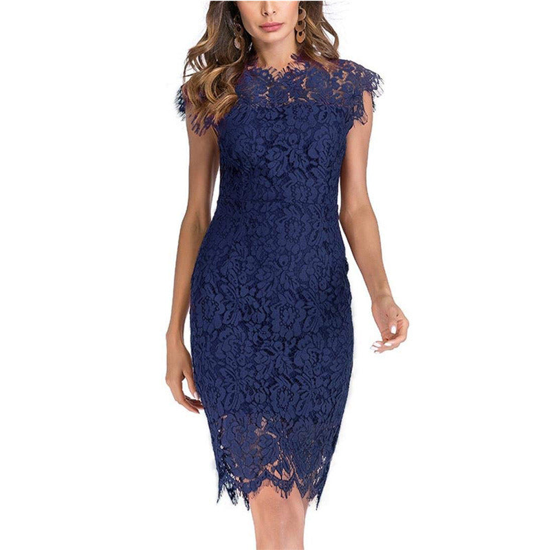 Women's Sleeveless Lace Floral Elegant Cocktail Dress Crew Neck Knee Length for Party