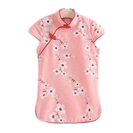 Red Chinese Style Girls' Cheongsam Dress Summer Cotton Linen Flower Short Sleeve Vintage Dress