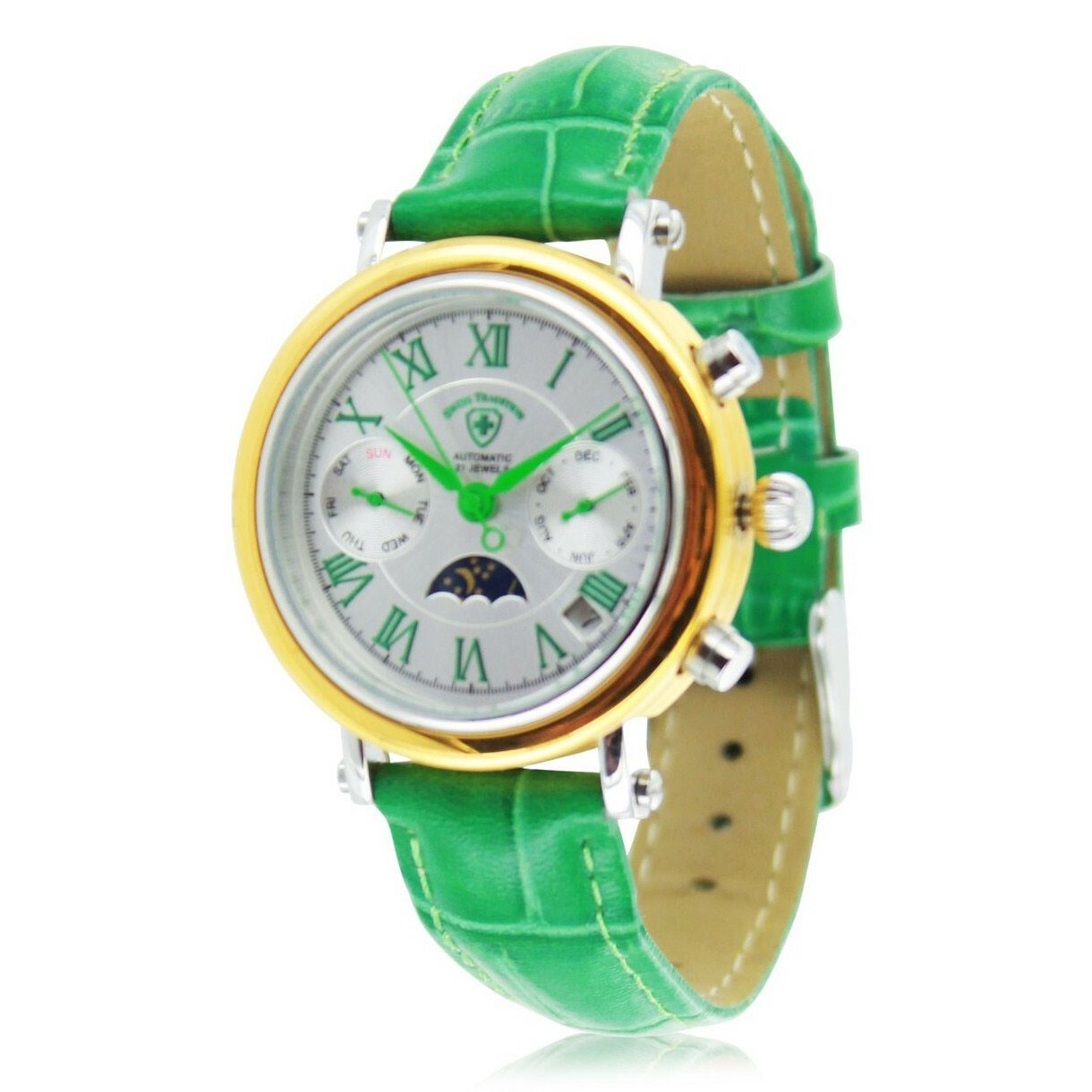 Swiss Tradition Women's 21 Jewel Automatic Movement Multifunction Moonphase Leather Band Watch