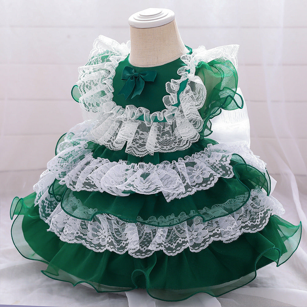 Girls Puffy Princess Dress Casual Lace Bowknot Mesh Tulle Chiffon Skirt Baby Full Moon Christening Summer Birthday Party Wedding