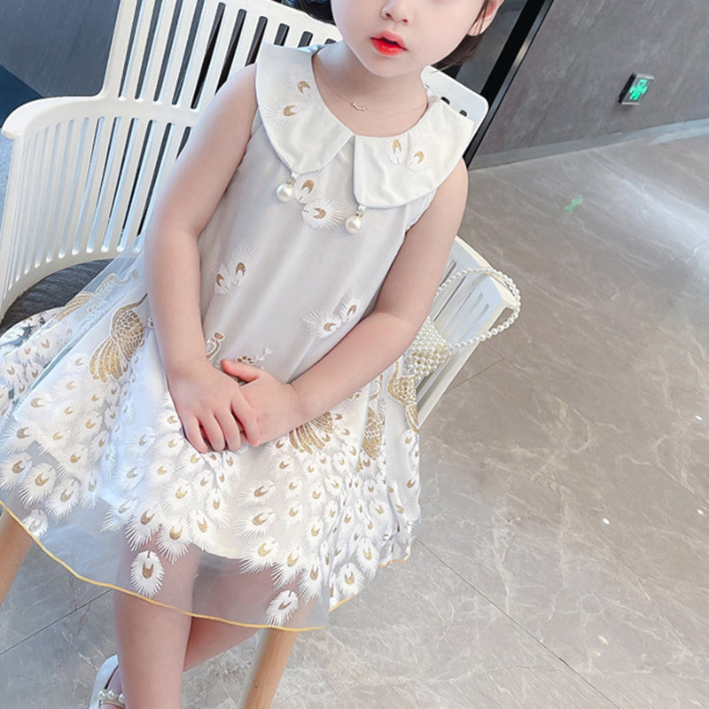 Sleeveless Soft Cozy Dress Tulle Summer Peacock Embroidery Beads Baby Little Girls Middle Child Princess Skirt Zipper Pink White