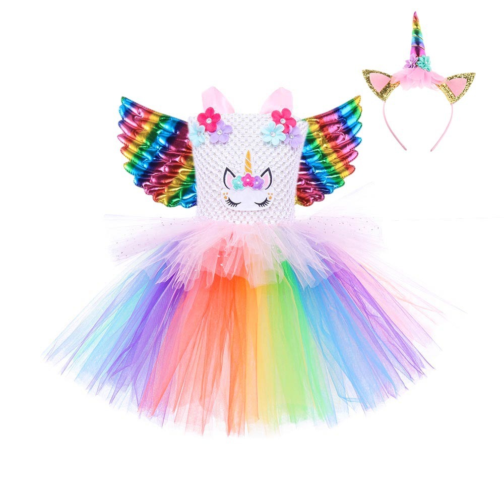 Unicorn Princess Flower Girl Tutu Dress Rainbow Costume with Headband