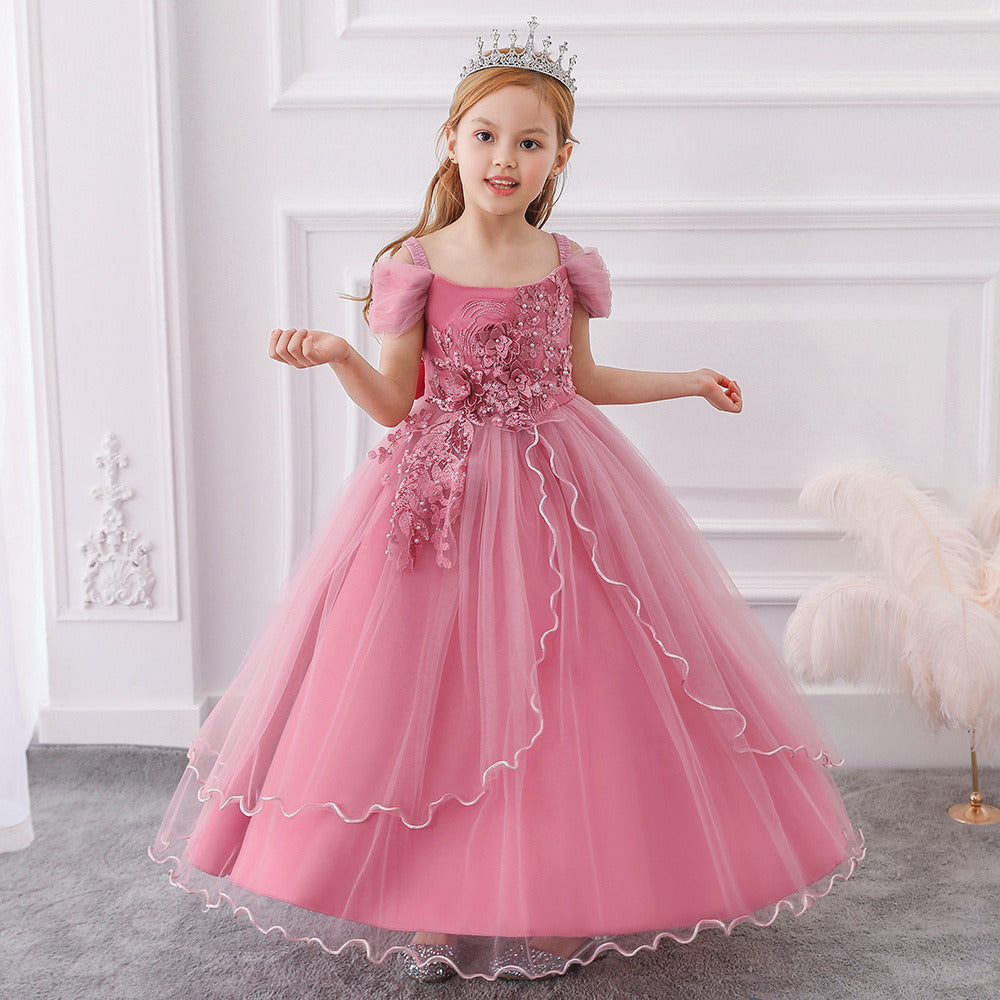 Children Beaded Princess Dress Tulle Chiffon Girls Catwalk Trumpet Sleeve Leaf Embroidered Puff Skirt Birthday Party Wedding New