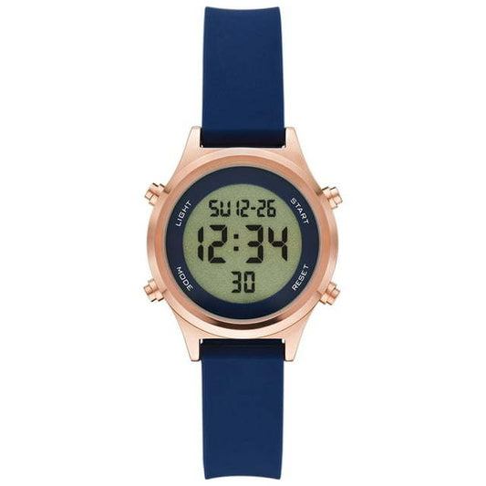 Time and Tru Women's Rose Gold Tone Digital Watch with Navy Silicone Strap