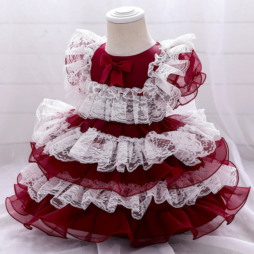 Girls Puffy Princess Dress Casual Lace Bowknot Mesh Tulle Chiffon Skirt Baby Full Moon Christening Summer Birthday Party Wedding