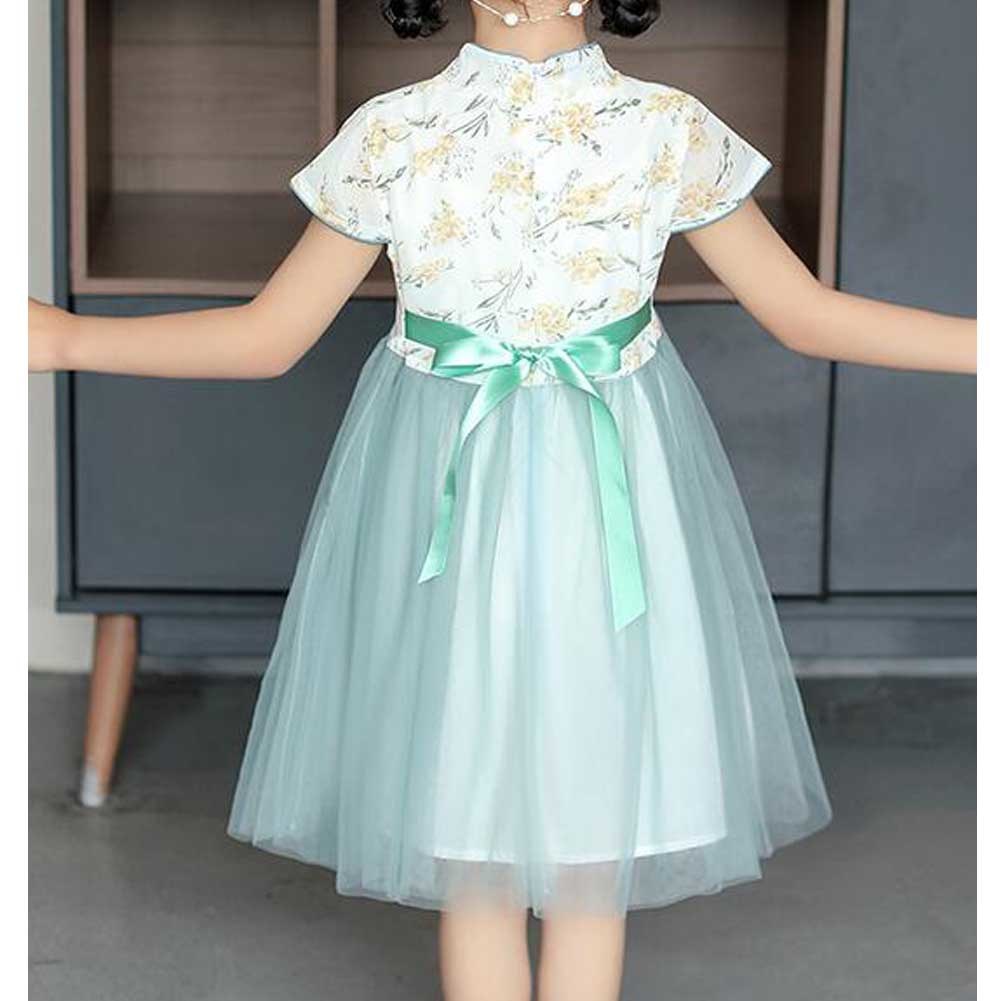 Kids Summer Chinese Style Cheongsam Dress Girls Hanfu Green Flower Princess Tutu Dress