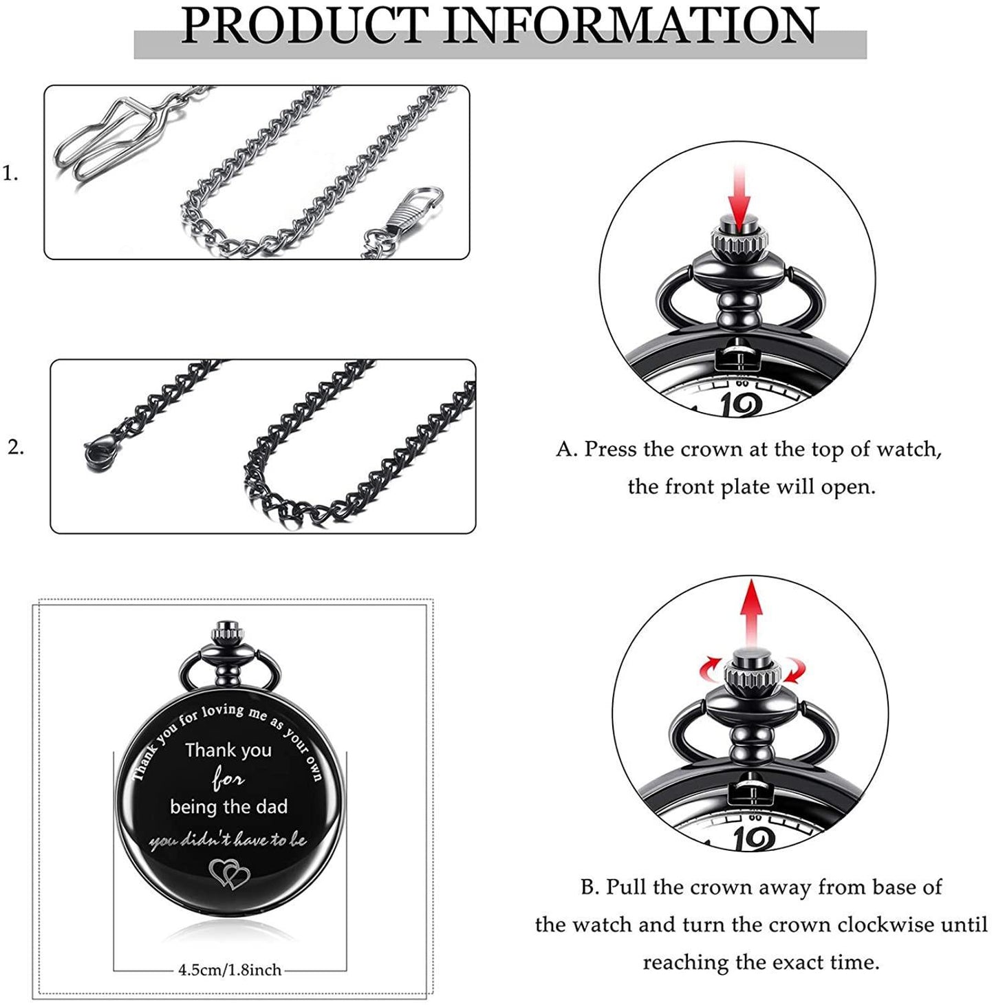 Personalized Gift Pocket Watch for Dad Classic Smooth Vintage Steel Mens Pocket Watch with Waist Chain and Necklace Chain for Graduation Xmas Fathers Day