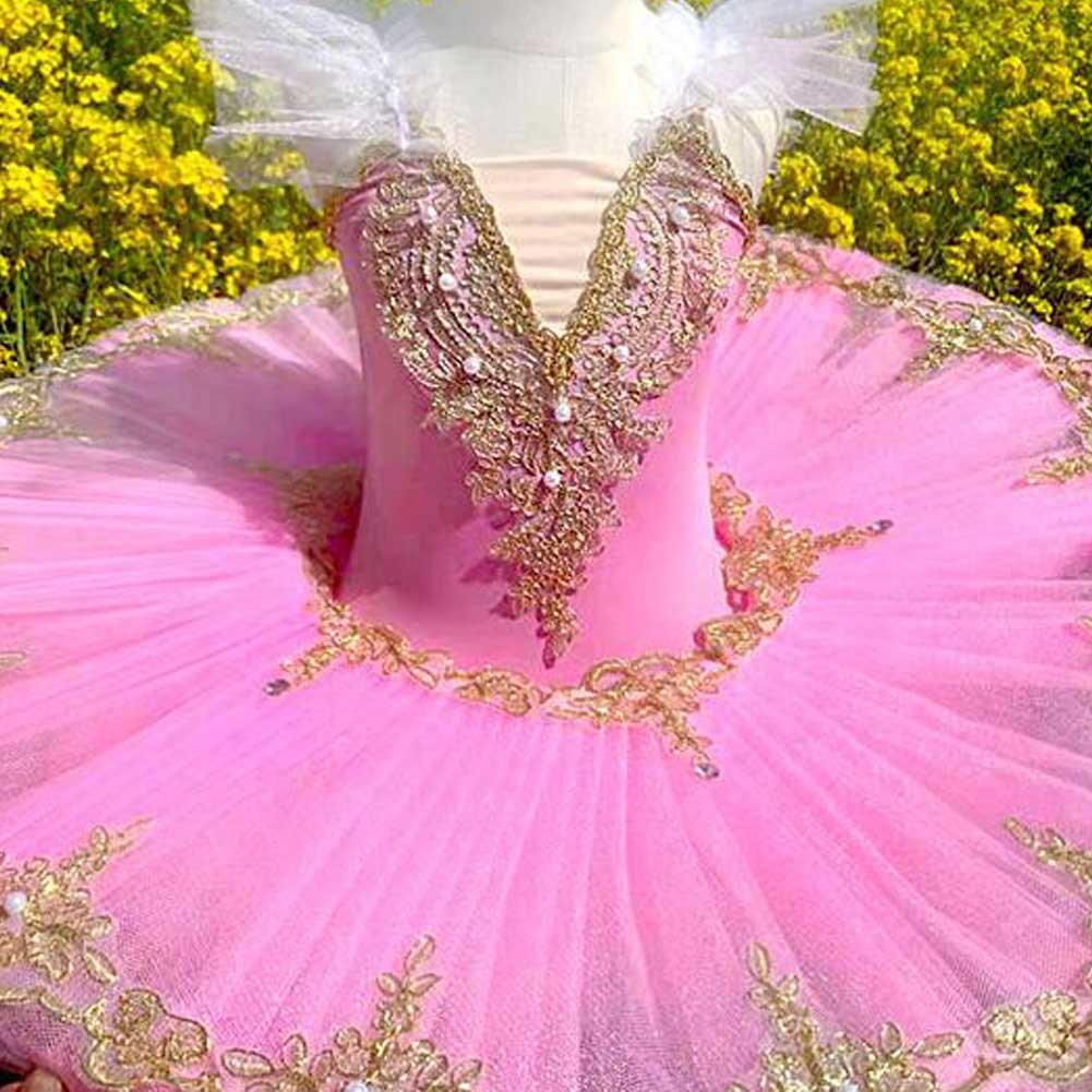 Pink Girls Ballet Dance Dress Kids Swan Costume Dress Embroidery Golden Sequin Ballet Tutu Gauze Skirt