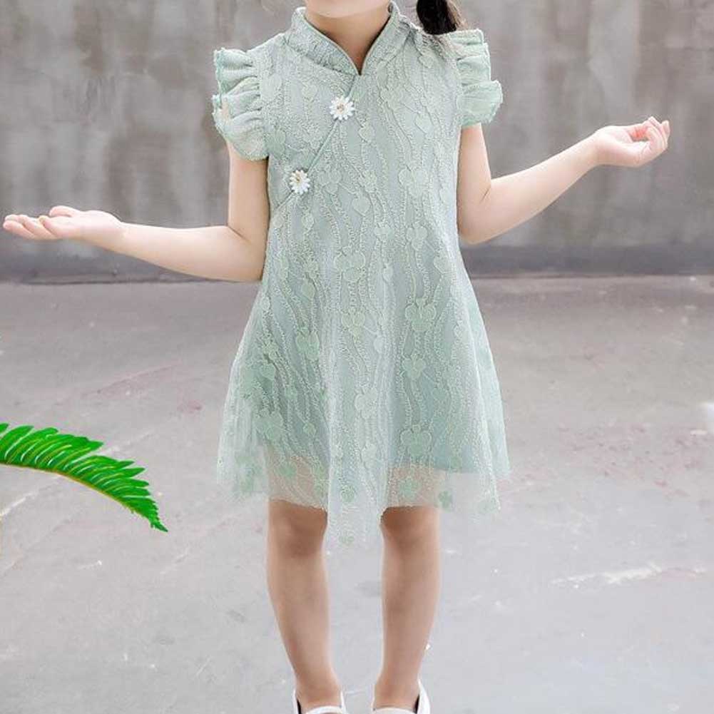 Green Summer Girls' Dress Ruffle Sleeve Chinese Style Cheongsam Dress Lace Princess Dress