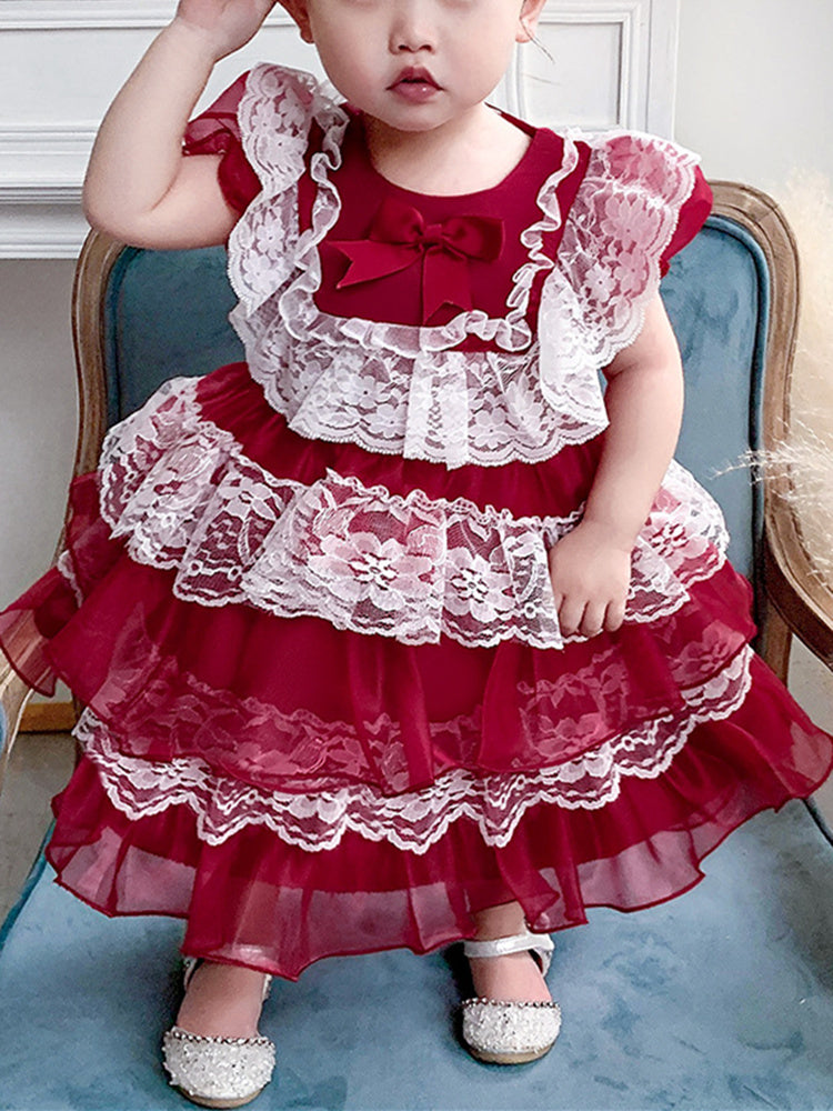 Girls Puffy Princess Dress Casual Lace Bowknot Mesh Tulle Chiffon Skirt Baby Full Moon Christening Summer Birthday Party Wedding