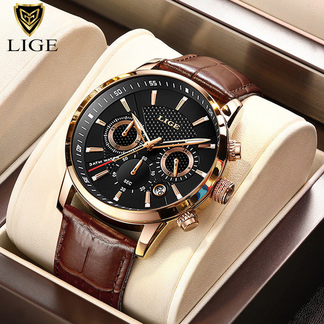 2022 New Mens Watches LIGE Top Brand Luxury Leather Casual Quartz Watch Men's Sport Waterproof Clock Watch Relogio Masculino+Box