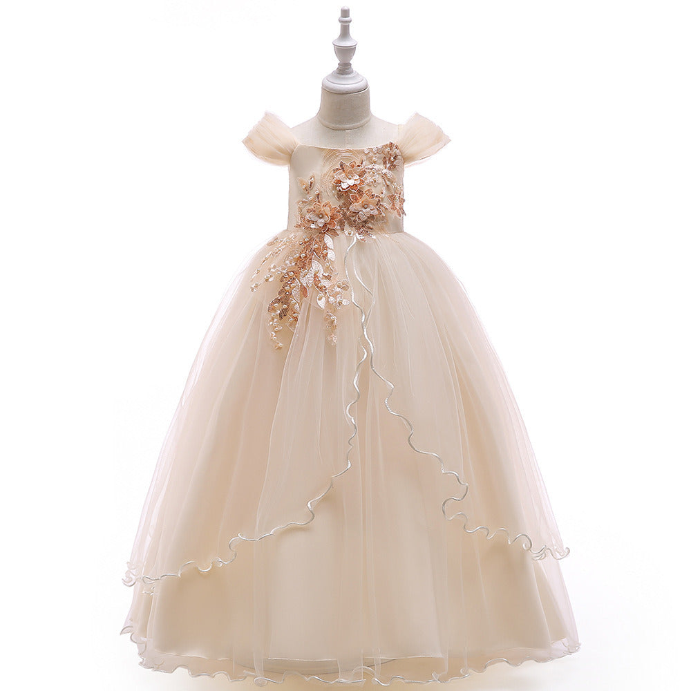 Children Beaded Princess Dress Tulle Chiffon Girls Catwalk Trumpet Sleeve Leaf Embroidered Puff Skirt Birthday Party Wedding New