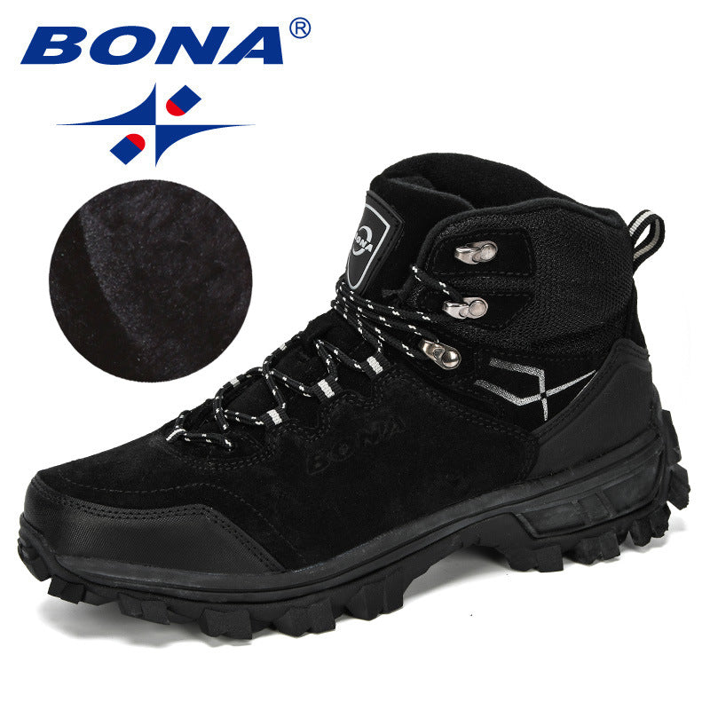 BONA New Designers Genuine Leather Hiking Shoes Winter Sneakers Men Mountain Man Tactical Hunting Footwear Plush Warm Shoes