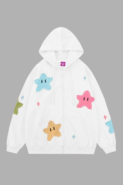 Star Drawstring Zip Up Dropped Shoulder Hoodie