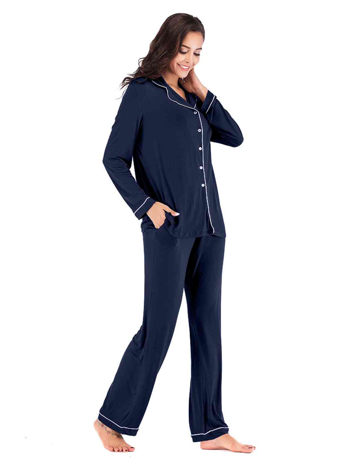 Collared Neck Long Sleeve Loungewear Set with Pockets