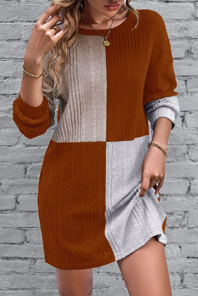 Textured Color Block Round Neck Dress