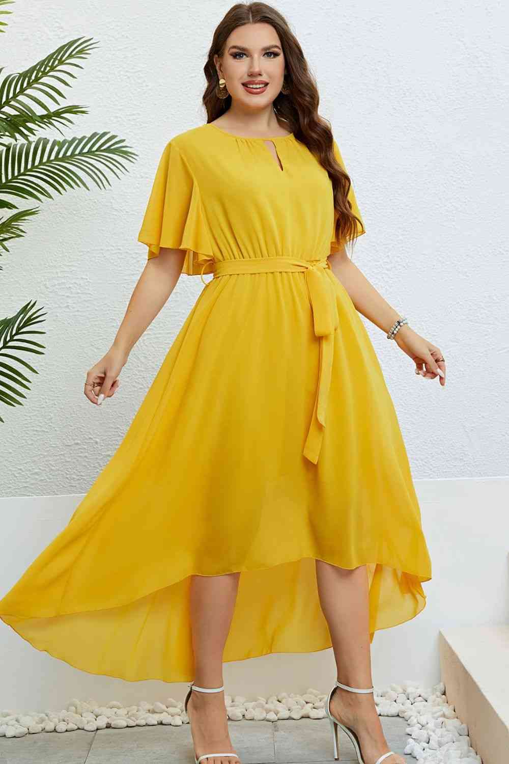 Belted Flutter Sleeve High-Low Dress