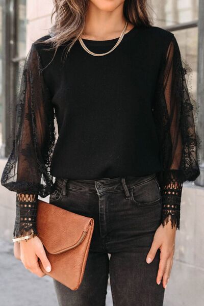 Lace Detail Mesh Lantern Sleeve Blouse