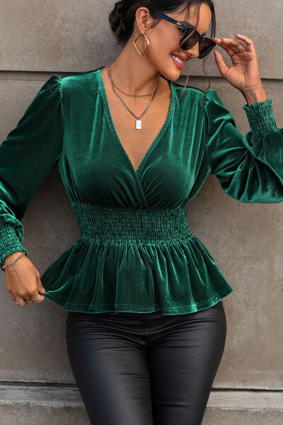 Smocked Surplice Lantern Sleeve Peplum Blouse