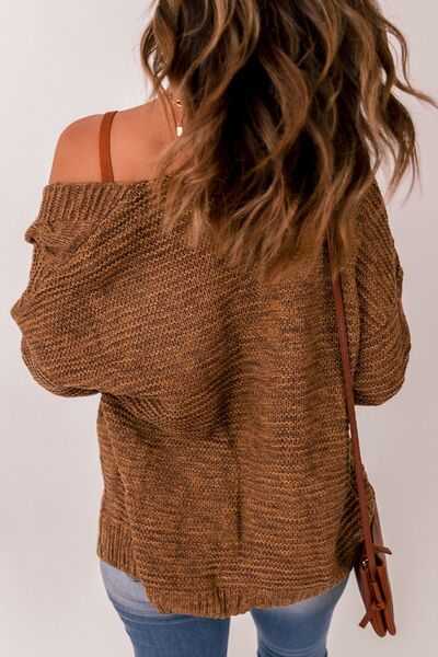 Waffle-Knit Open Front Dropped Shoulder Sweater