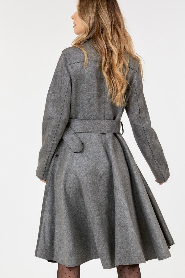 Waist Belt Tacked Faux Suede Coat Solid Coat